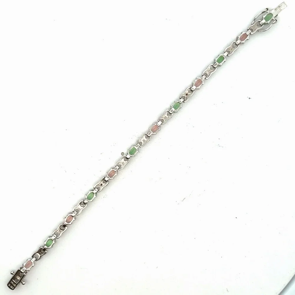Designer Sterling Silver Pink & Green Cubic Zirconia Chain Link Tennis Bracelet